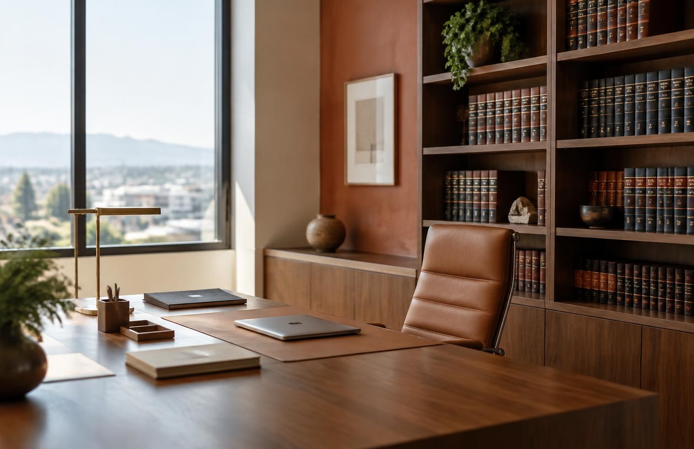 Escritório de advocacia sofisticado, com estante de livros jurídicos e mesa de trabalho em tons terrosos